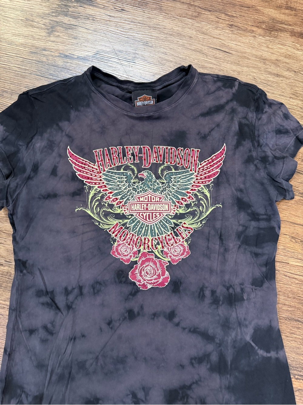 Harley-Davidson Black Tie-Dye Tee with Red & Green Eagle Graphic
